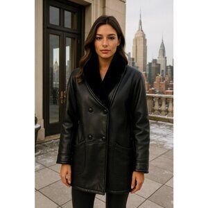 Veranesi Genuine Leather Coat Black Shearling DoubleBreasted Winter Bougie Luxe